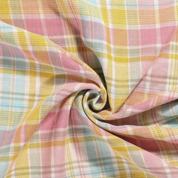 Tissu Coton tissé double Craftine Carreaux jaunes, roses et vert menthe - Par 10 cm