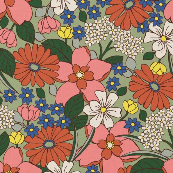 Tissu Coton imprimé Arty William Rose sur fond Vert - Par 10 cm