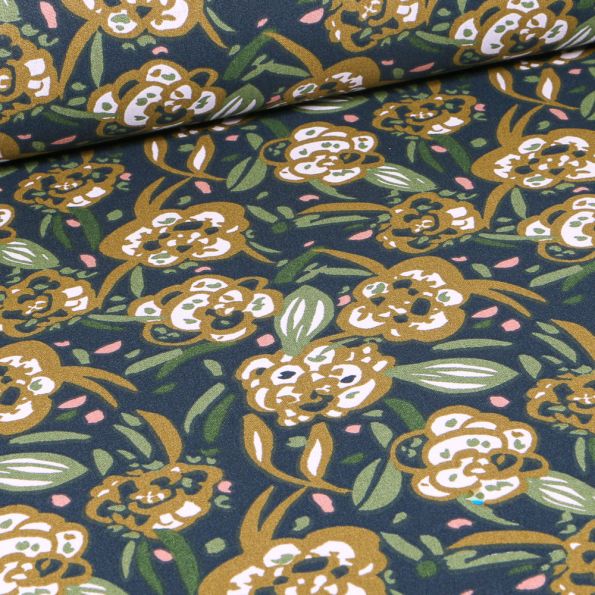 Tissu Coton imprimé Arty Zoelie olive sur fond Bleu marine - Par 10 cm
