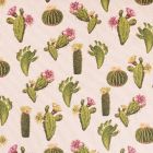 Tissu Toile Coton Cactus Verts, roses et Jaunes sur fond Beige - Par 10 cm