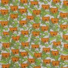 Tissu Jersey Coton Tigre et feuilles de palmiers oranges et verts sur fond Gris chiné - Par 10 cm