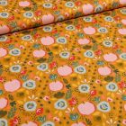 Tissu Coton imprimé LittleBird Pommes et fleurs seventies sur fond Jaune curcuma - Par 10 cm