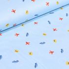 Tissu Coton imprimé LittleBird Voitures avions et bateaux sur fond Bleu