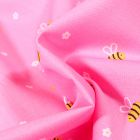 Tissu Coton imprimé Abeille et petites fleurs sur fond Rose bonbon