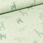 Tissu Coton imprimé Bio Girafes et éléphants sur fond Vert menthe