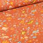Tissu Coton imprimé Bio Jungle végétations sur fond Orange