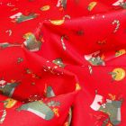 Tissu Coton imprimé Cadeaux et chaussettes de noël sur fond Rouge