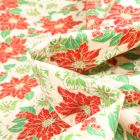 Tissu Coton imprimé Bio Poinsettia fleurs de noël sur fond Ecru