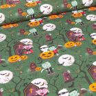 Tissu Coton imprimé Bio Vampires et monstres d'halloween sur fond Vert