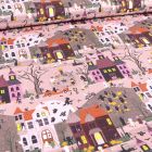 Tissu Coton imprimé Bio Villes décoration d'halloween sur fond Rose