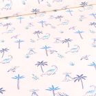 Tissu Coton imprimé Chally Dinosaures et palmiers Bleu sur fond Blanc cassé