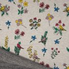 Tissu Sweat  envers minky Bouquets de fleurs et oiseaux sur fond Gris chiné - Par 10 cm