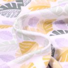 Tissu Jersey Coton Bio Feuilles de palmiers colorées sur fond Blanc