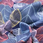 Tissu Sweat léger envers gratté Bio Grandes feuilles géométriques colorées sur fond Bleu marine
