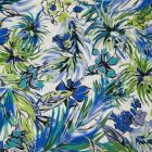Tissu Viscose toucher crêpe Aquarelle fleuris bleue et verte sur fond Blanc - Par 10 cm