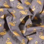 Tissu Coton imprimé Arty Flamants dorés sur fond Gris - Par 10 cm
