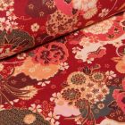 Tissu Coton imprimé Fleurs Japonaises sur fond Rouge - Par 10 cm