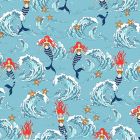 Tissu Coton imprimé Sirènes océan sur fond Bleu ciel