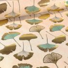Tissu Toile Coton Feuilles de Gingko dorées et menthe sur fond Naturel - Par 10 cm