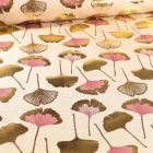 Tissu Toile Coton Feuilles de Gingko dorés et rose sur fond Naturel - Par 10 cm