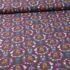 Tissu Coton imprimé Faons et couronnes de fleurs sur fond Gris foncé - Par 10 cm