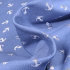 Tissu Jersey Coton Ancres métallisées argentées sur fond Bleu indigo