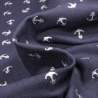 Tissu Jersey Coton Ancres métallisées argentées sur fond Bleu marine