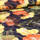 Tissu Jersey Viscose Lin Fleurs et feuilles abstrait lime sur fond Bleu marine