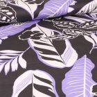 Tissu Coton Satiné extensible Grandes feuilles lila sur fond Noir