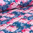 Tissu Softshell Digital Pivoines rosi sur fond Bleu