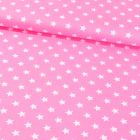Tissu Coton Imprimé Etoiles 15 mm Blanches sur fond Rose - Par 10 cm