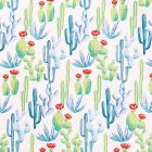 Toile Cirée Tijuana Cactus bleus, verts et rouges sur fond Blanc - Par 10 cm