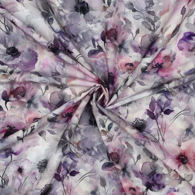 Tissu Ecovero Noémie fleurs aquarelles Roses sur fond Blanc cassé - Par 10 cm