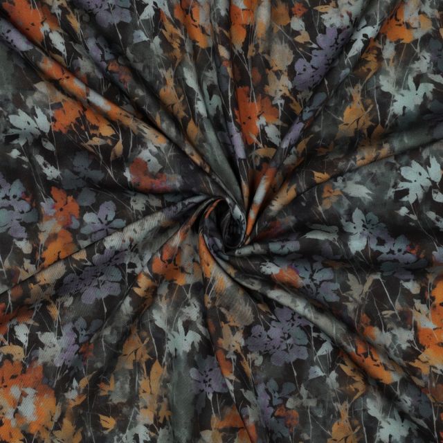 Tissu Viscose  Nina feuillage automnal Rouille sur fond Noir