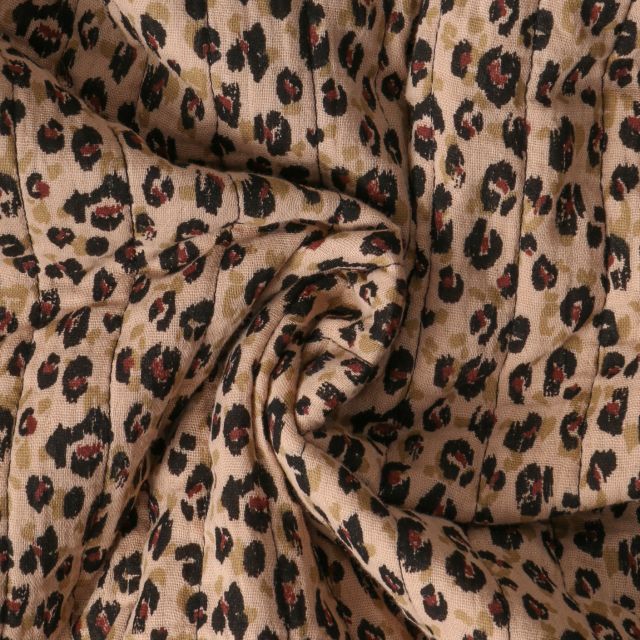 Tissu Double gaze Matelassé réversible Karlia léopard sur fond Beige nougat