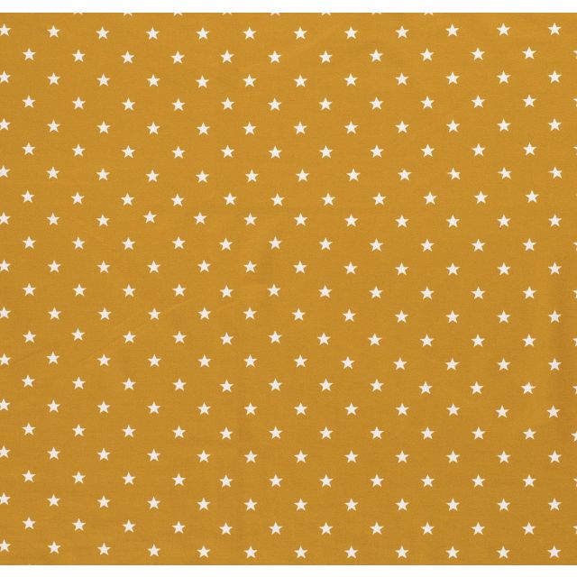 Tissu Jersey Coton Etoiles blanches sur fond Moutarde - Par 10 cm