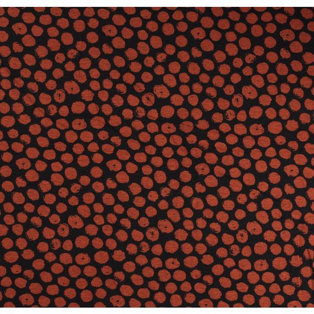 Tissu Maille Jersey Pois  brique sur fond Noir - Par 10 cm