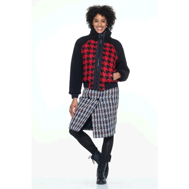 Tissu Tweed Pied de poule rouge sur fond Noir - Par 10 cm