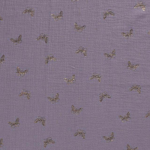 Tissu Double gaze de coton Papillons métallisé doré sur fond Gris anthracite - Par 10 cm