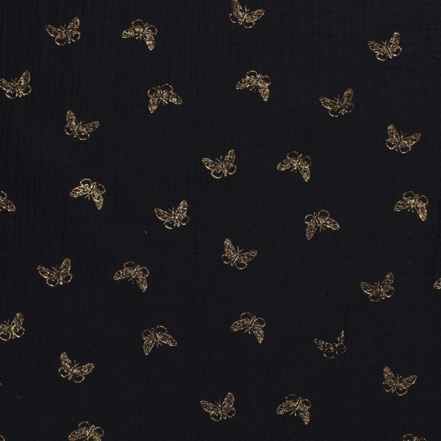 Tissu Double gaze de coton Papillons métallisé doré sur fond Noir - Par 10 cm