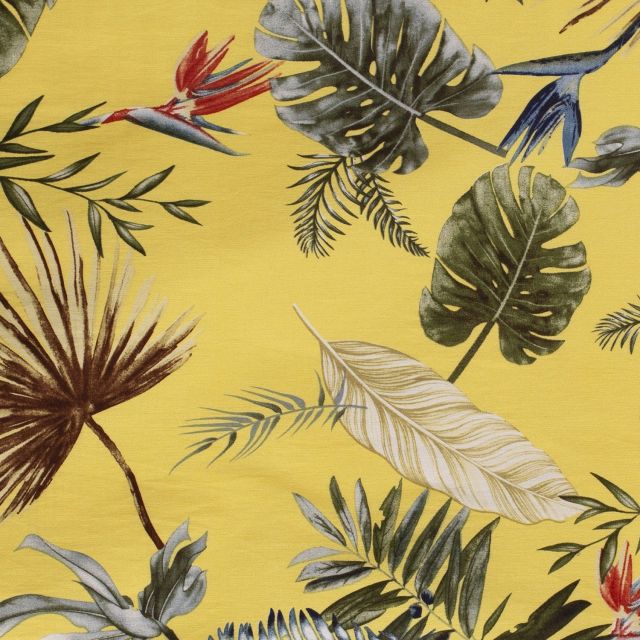 Tissu Bengaline satiné Fleurs de strelitzia et feuillages sur fond Jaune - Par 10 cm