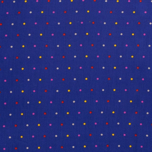 Tissu Viscose imprimé  pois roses, jaunes, rouges et gris sur fond Bleu roi - Par 10 cm