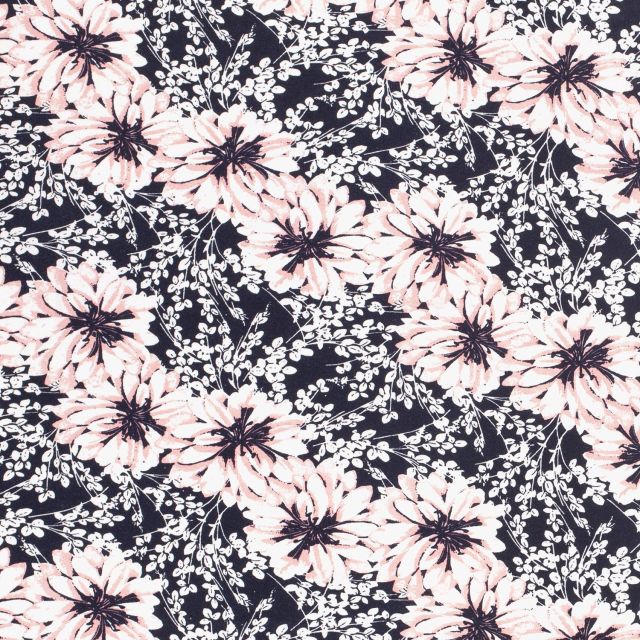Coupon Tissu Jersey Viscose  Champ de marguerites rose et blanc sur fond Noir - Coupon de 60 cm