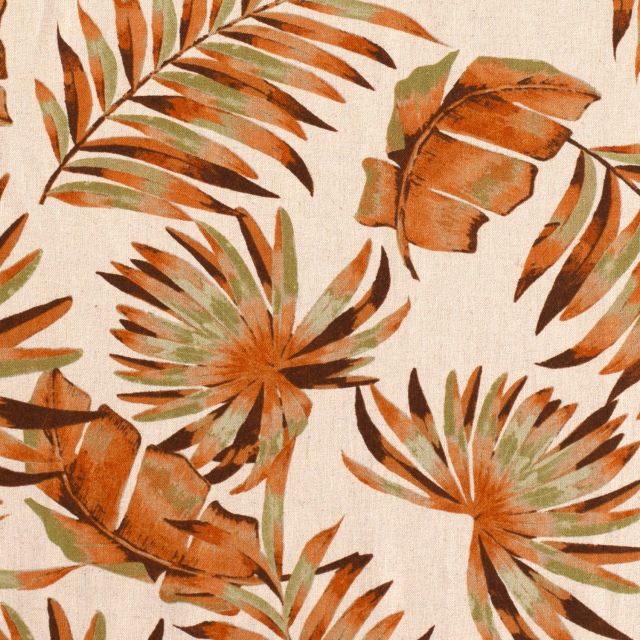 Tissu Viscose lin feuillages exotiques orange et verts sur fond Naturel - Par 10 cm