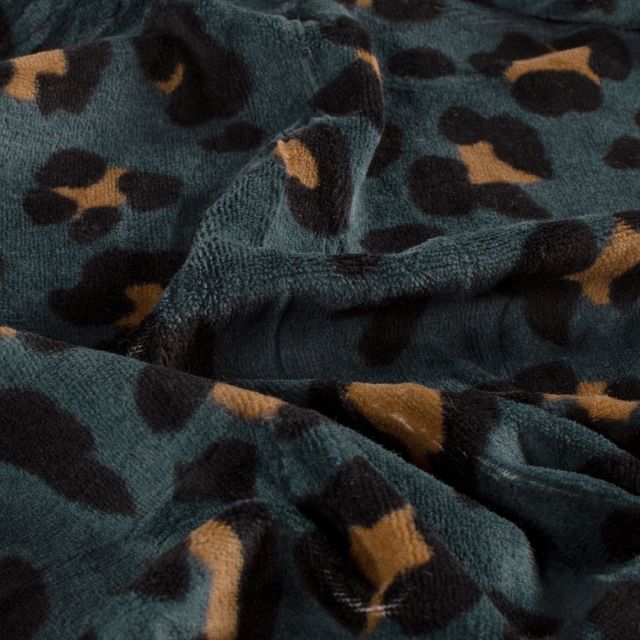 Tissu Velours tout doux Tess motif léopard sur fond Vert canard