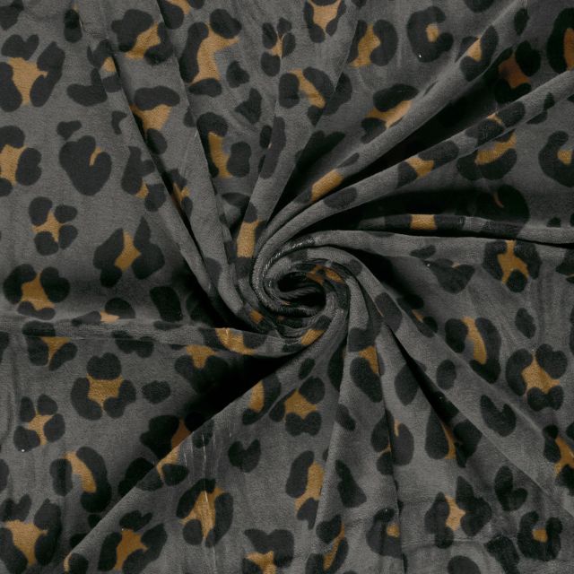 Tissu Velours tout doux Tess motif léopard sur fond Gris
