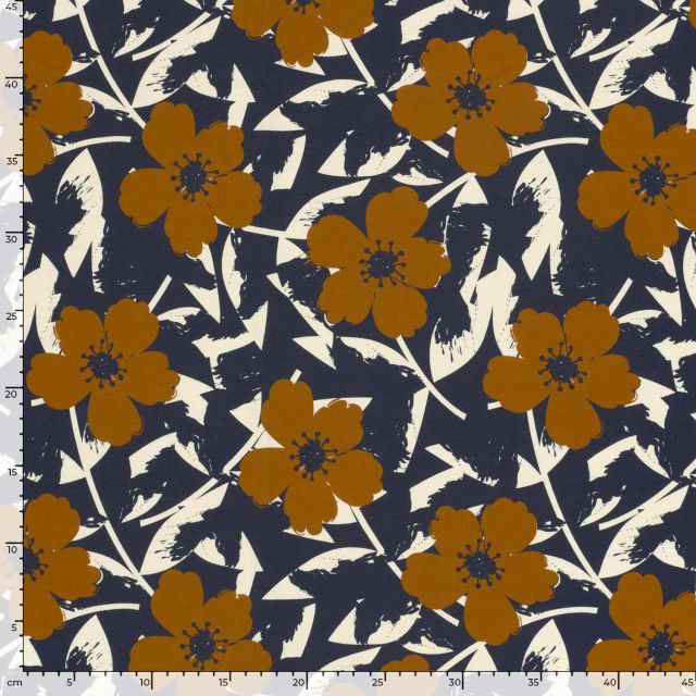 Tissu Sweat léger French Terry Azaléa fleurs Ocre sur fond Bleu nuit