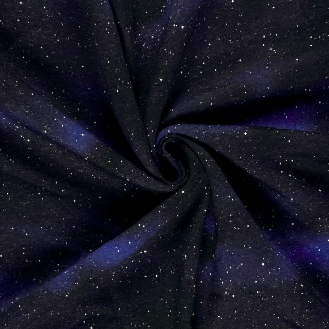 Tissu Jersey Jogging Lyra envers molletonné galaxie sur fond Bleu marine