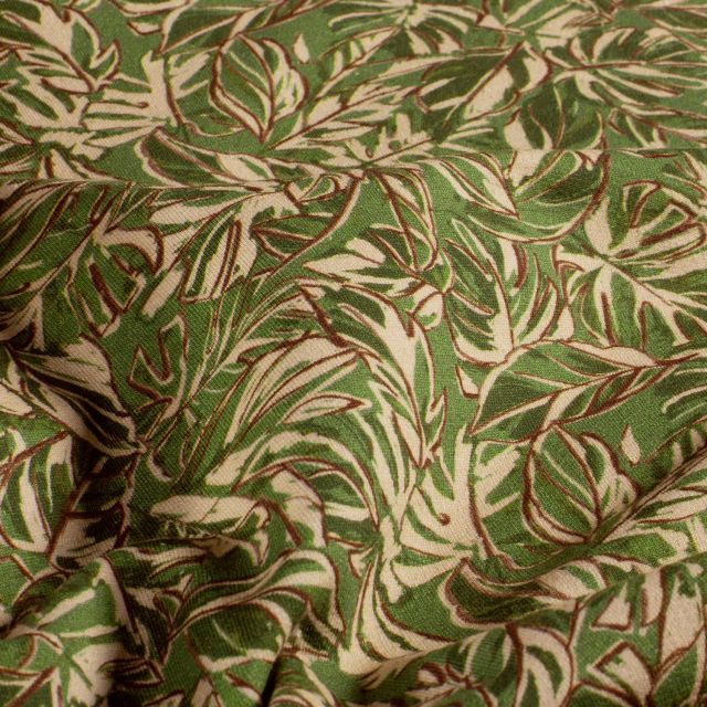 Tissu Sweat léger French Terry Marina extensible feuilles Ecru sur fond Vert kaki