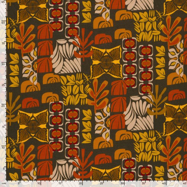 Tissu Sweat léger French Terry Solène floral rétro Rouge et Moutarde sur fond Brun